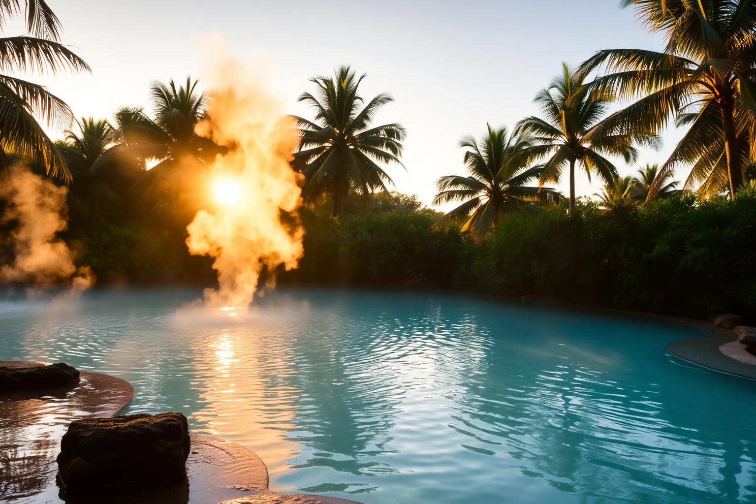 Piscina de águas termais com vapor ao entardecer, ambiente tropical